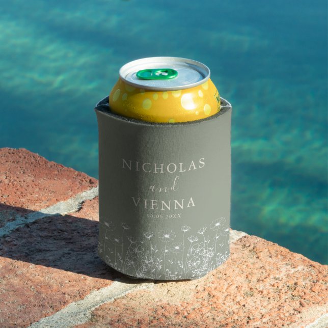Elegant Sage Green Minimalist Boho Floral Wedding Can Cooler (In Situ Pool)