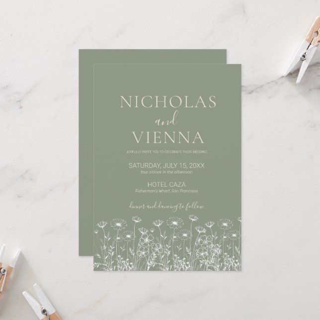 Elegant Sage Green Minimalist Boho Floral Wedding Invitation (Front/Back In Situ)