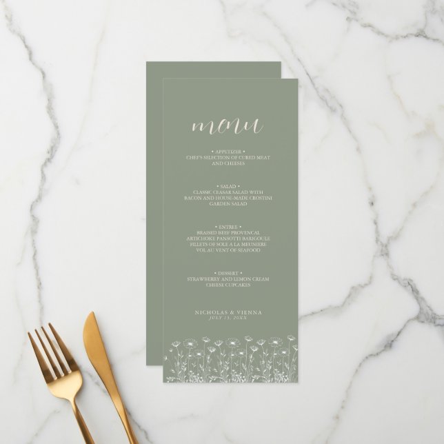 Elegant Sage Green Minimalist Boho Floral Wedding Menu (Front/Back In Situ)