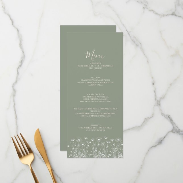Elegant Sage Green Minimalist Boho Floral Wedding Menu (Front/Back In Situ)
