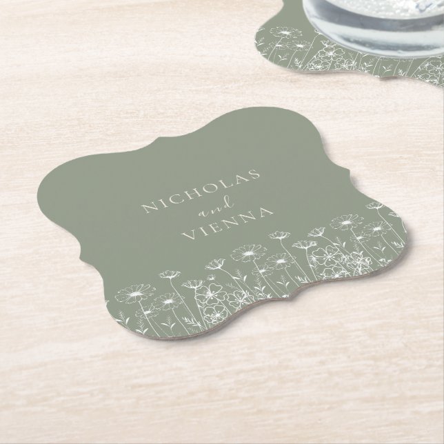 Elegant Sage Green Minimalist Boho Floral Wedding Paper Coaster (Angled)