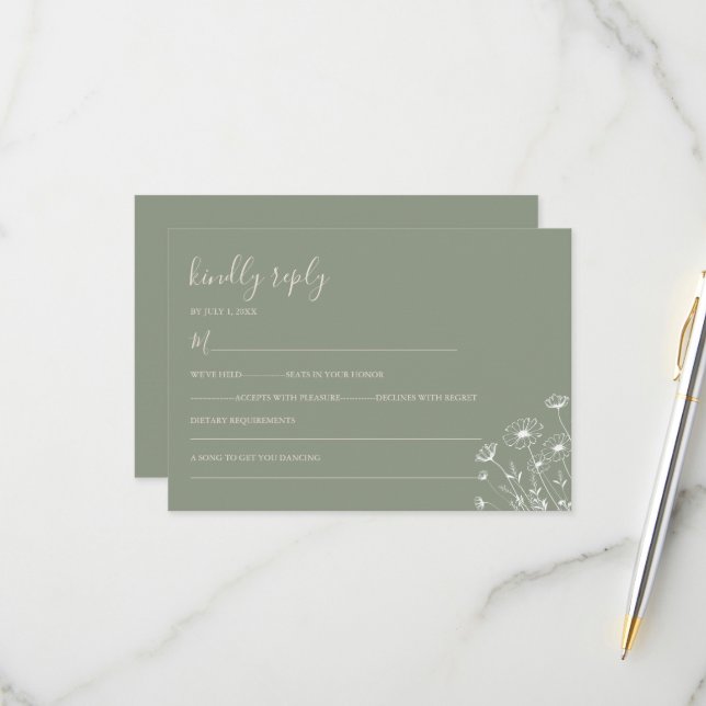 Elegant Sage Green Minimalist Boho Floral Wedding RSVP Card (Front/Back In Situ)