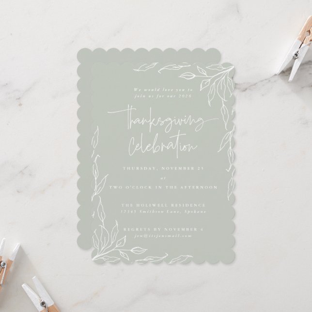 Elegant Sage Green Modern Leaf Motif Thanksgiving Invitation (Front/Back In Situ)