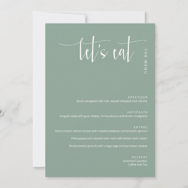 Elegant Sage Green Modern Let's Eat Thank You Menu (Front)