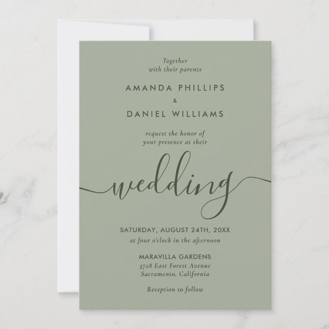 Elegant Sage Green Modern Script Wedding Invitation (Front)
