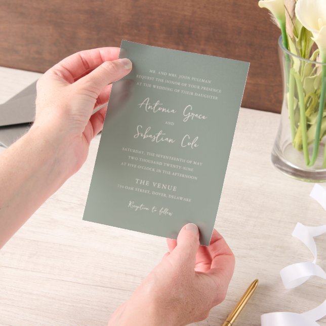 Elegant Sage Green Modern Wedding Vellum Invitations (Handheld)