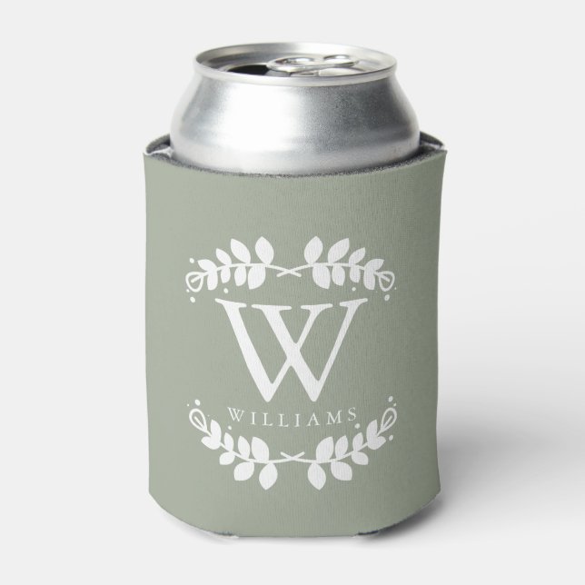 Elegant Sage Green Monogram Can Cooler (Can Front)