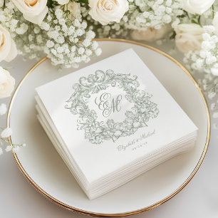 Elegant Sage Green Monogram Crest Script Wedding Napkin