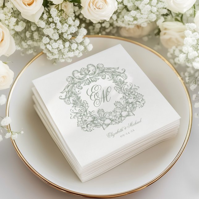 Elegant Sage Green Monogram Crest Script Wedding Napkin (Creator Uploaded)