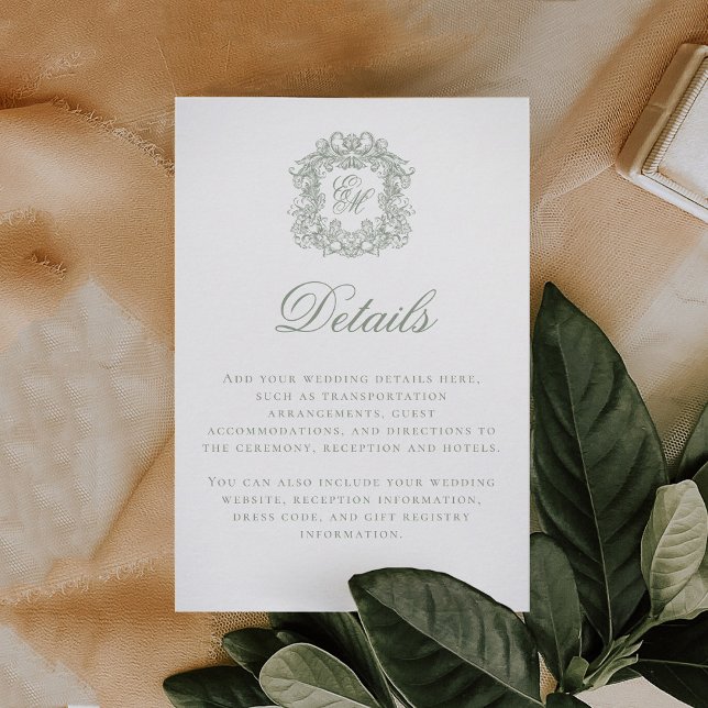 Elegant Sage Green Monogram Crest Wedding Details Enclosure Card (Creator Uploaded)