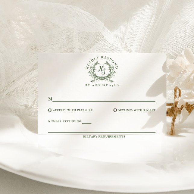 Elegant Sage Green Monogram Crest Wedding RSVP Card (Creator Uploaded)