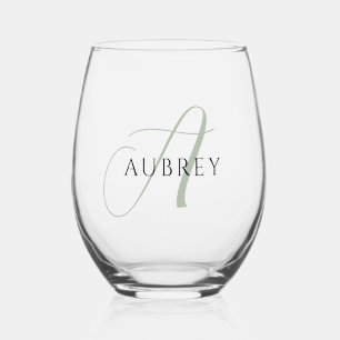 Elegant Sage Green Monogram Drinkware Set Stemless Wine Glass