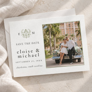Elegant Sage Green Monogram Estate Wedding Photo Save The Date