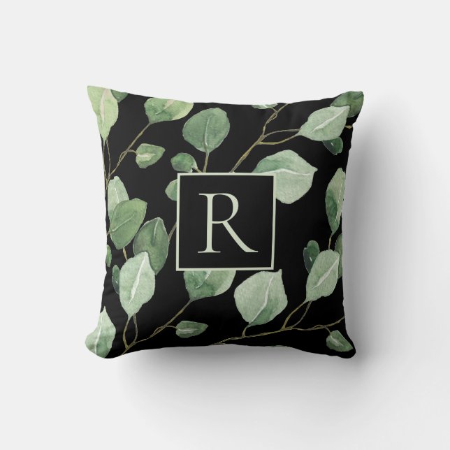 Elegant Sage Green Monogram Leaves  Cushion (Front)