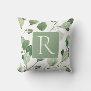 Elegant Sage Green Monogram Leaves Cushion