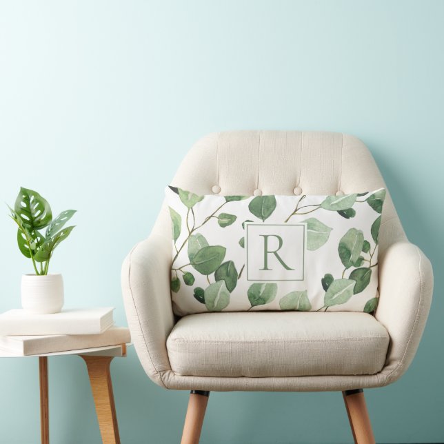 Elegant Sage Green Monogram Leaves  Lumbar Cushion (Chair)