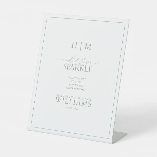 Elegant Sage Green Monogram Let Love Sparkle Pedestal Sign (Front)