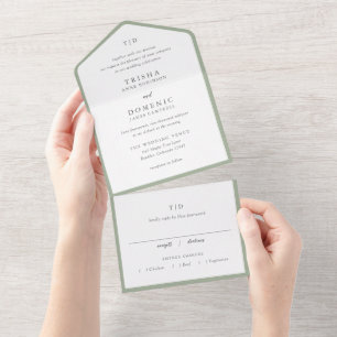 Elegant Sage Green Monogram Modern Wedding All In One Invitation