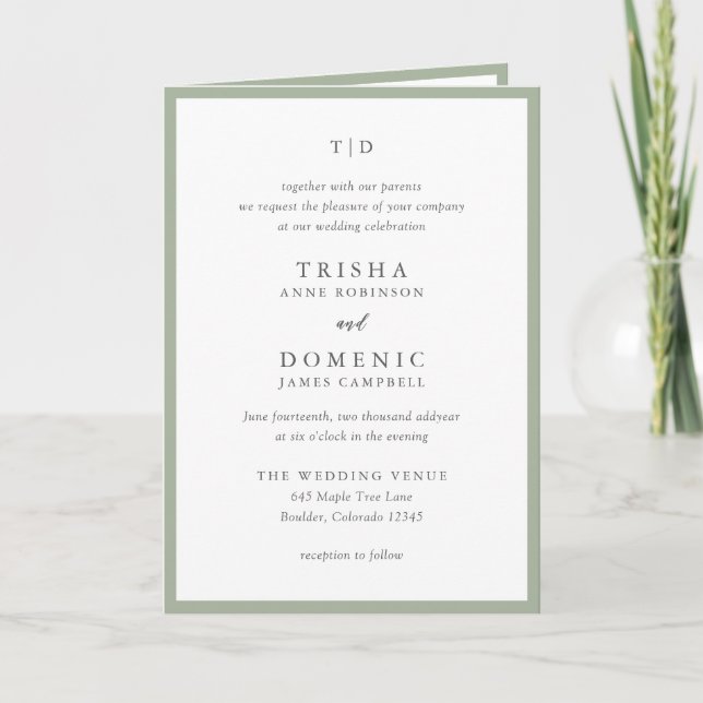 Elegant Sage Green Monogram Modern Wedding Invitation (Front)