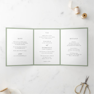 Elegant Sage Green Monogram Modern Wedding Tri-Fold Invitation
