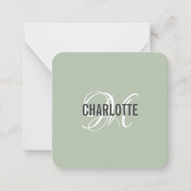 Elegant sage green monogram name note card (Front)