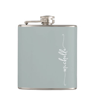 Elegant Sage Green Monogram Name Script Hip Flask