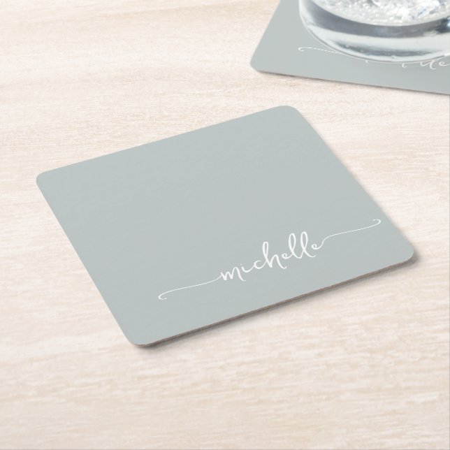 Elegant Sage Green Monogram Name Script Square Paper Coaster (Angled)