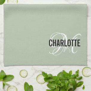 Elegant sage green monogram name tea towel