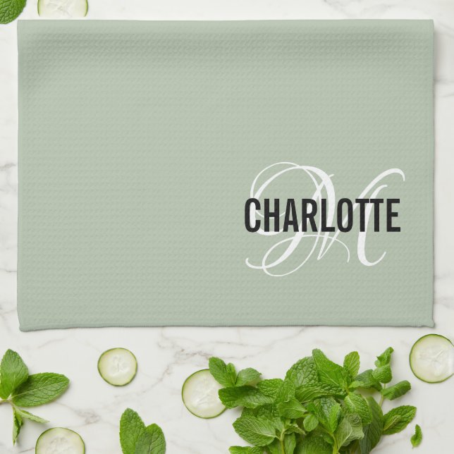 Elegant sage green monogram name tea towel (Folded)