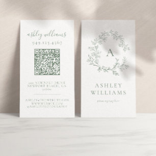 Elegant Sage Green Monogram QR Code Floral Crest Business Card