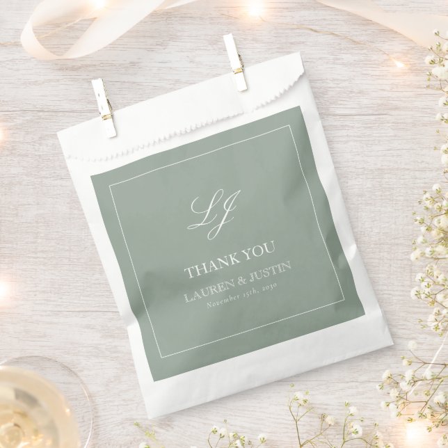 Elegant Sage Green Monogram Thank You Wedding Favour Bag (Clipped)