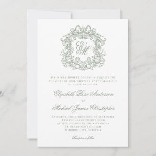 Elegant Sage Green Monogram Wedding Crest Invitation