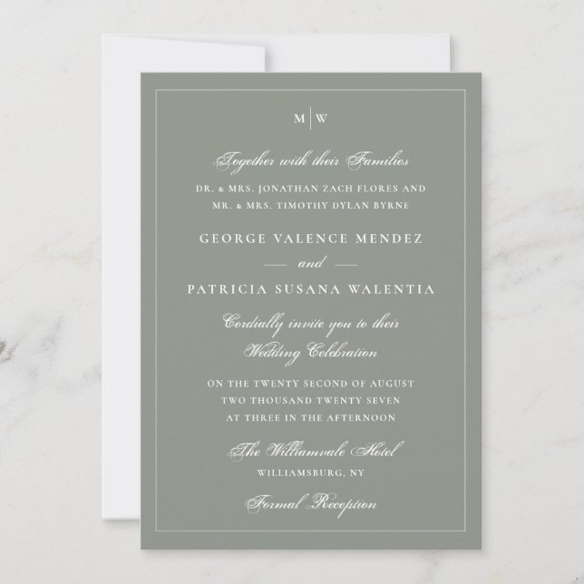 Elegant Sage Green Monogram Wedding Invitation (Front)