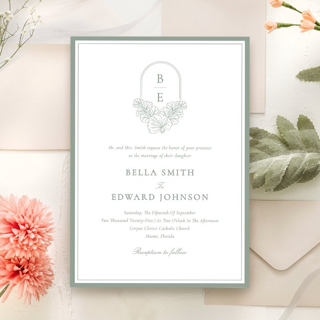 Elegant Sage Green Monogram Wedding Invitation (Creator Uploaded)