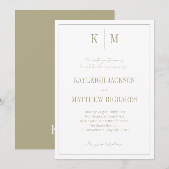 Elegant Sage Green Monogram Wedding  Invitation (Front/Back)