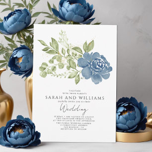 Elegant Sage Green Navy Blue Floral Boho Wedding Invitation
