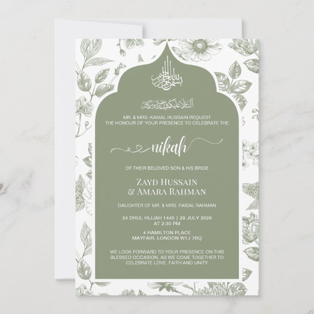 Elegant Sage Green Nikah Invitation | Line Art (Front)