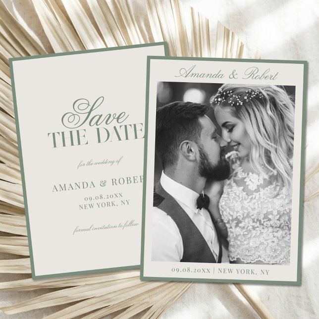 Elegant Sage Green Old Money Photo Wedding Save The Date (Creator Uploaded)