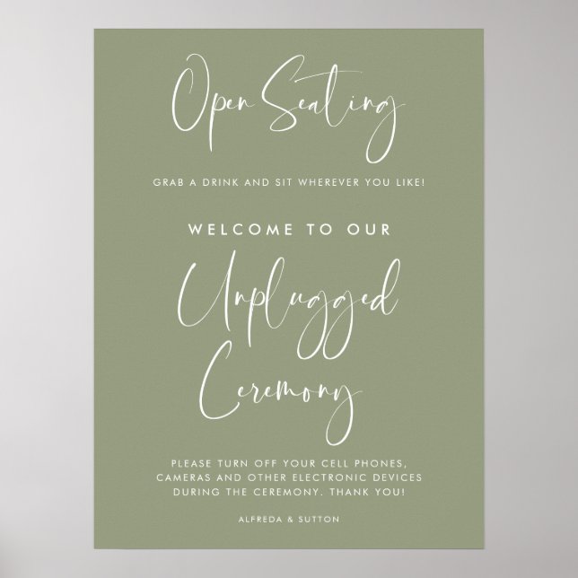 Elegant Sage Green Open seating Unplugged ceremony Poster (Front)