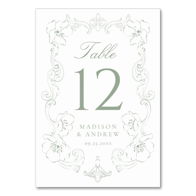 Elegant Sage Green Ornate Floral Frame Wedding Table Number (Front)