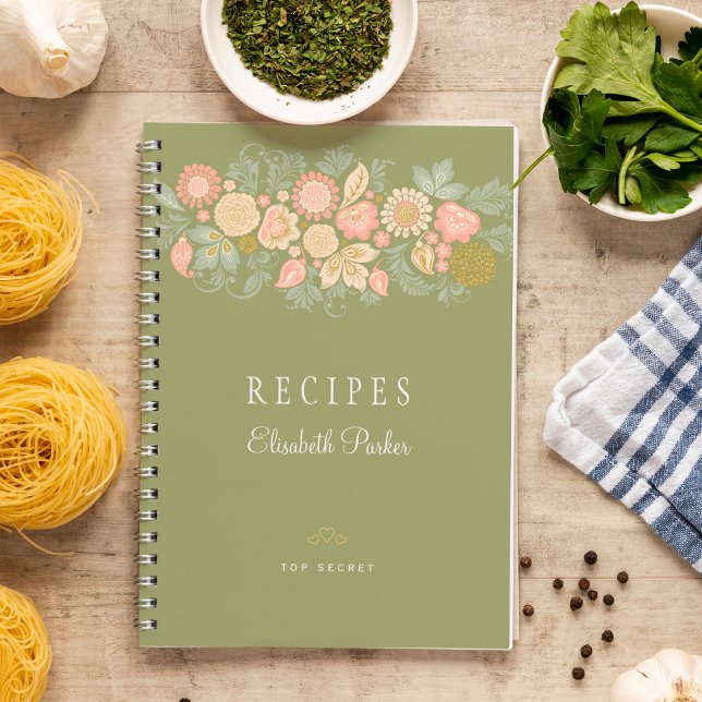 Elegant sage green pastel floral cookbook recipes notebook (Creator Uploaded)
