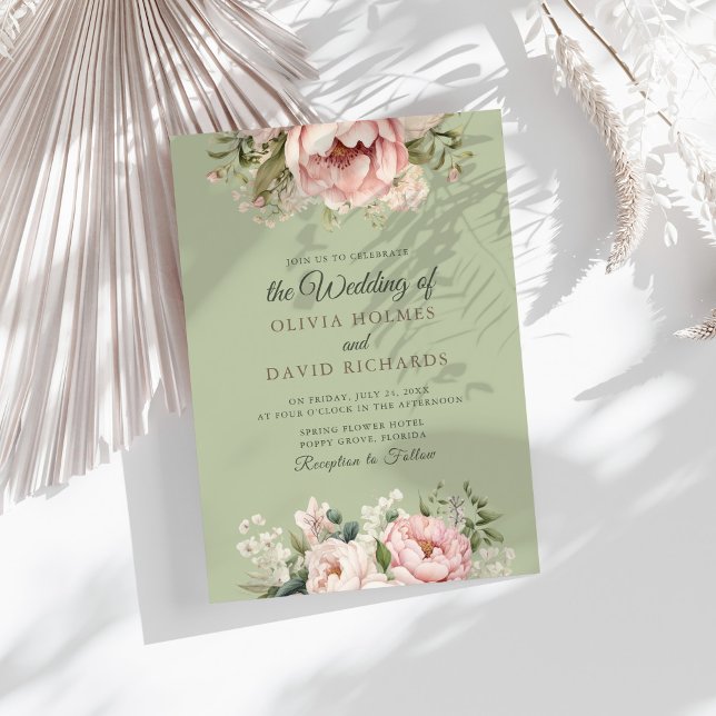 Elegant Sage Green Peony Floral Wedding Invitation (Elegant Sage Green Peony Floral Wedding Invitation on a sunny table with dry white botanicals)
