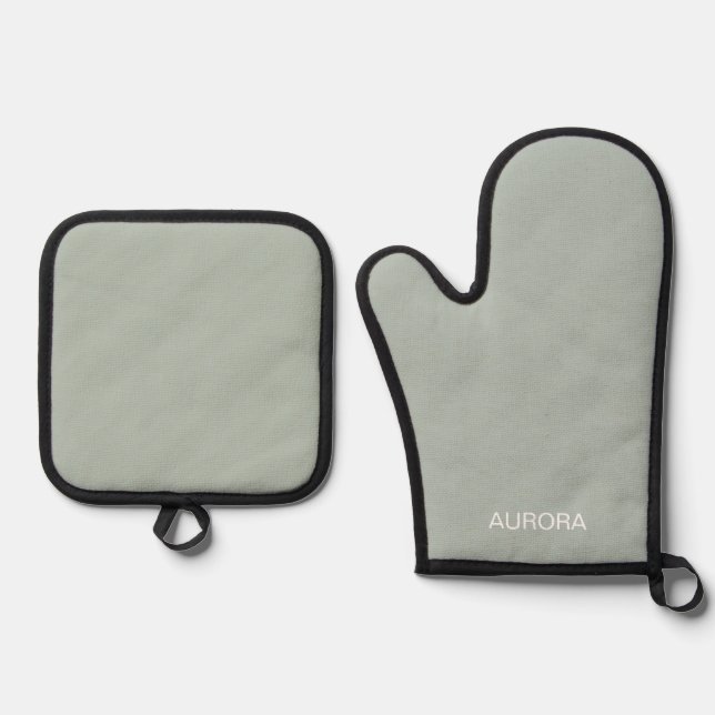 Elegant Sage Green Personalised Name -  Oven Mitt & Pot Holder Set (Front)