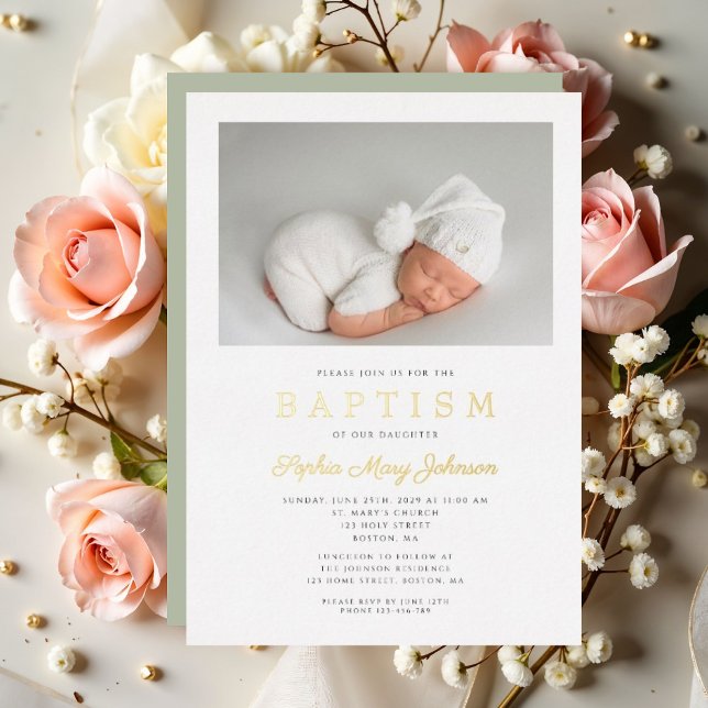 Elegant Sage Green Phot Baptism Gold (Elegant Sage Green Phot Baptism Gold Foil Invitation)