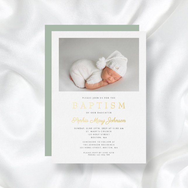 Elegant Sage Green Phot Baptism Gold (Elegant Sage Green Phot Baptism Gold Foil Invitation)