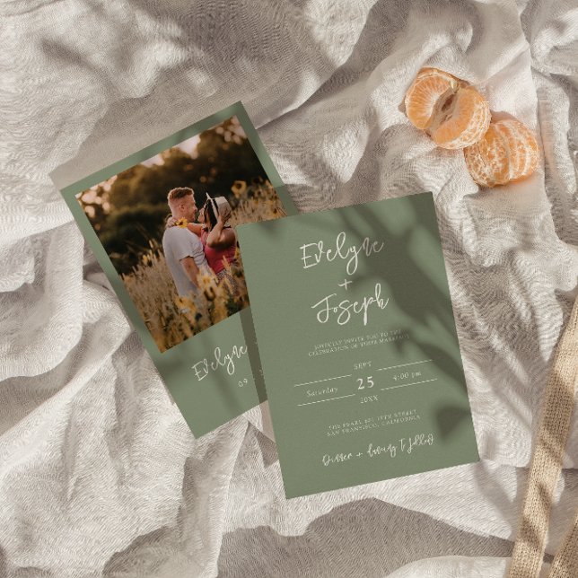 Elegant Sage Green Photo Boho Modern Wedding Invitation (Creator Uploaded)