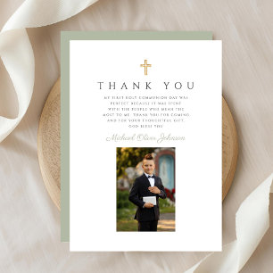 Elegant Sage Green Photo Boy First Communion Thank You Card