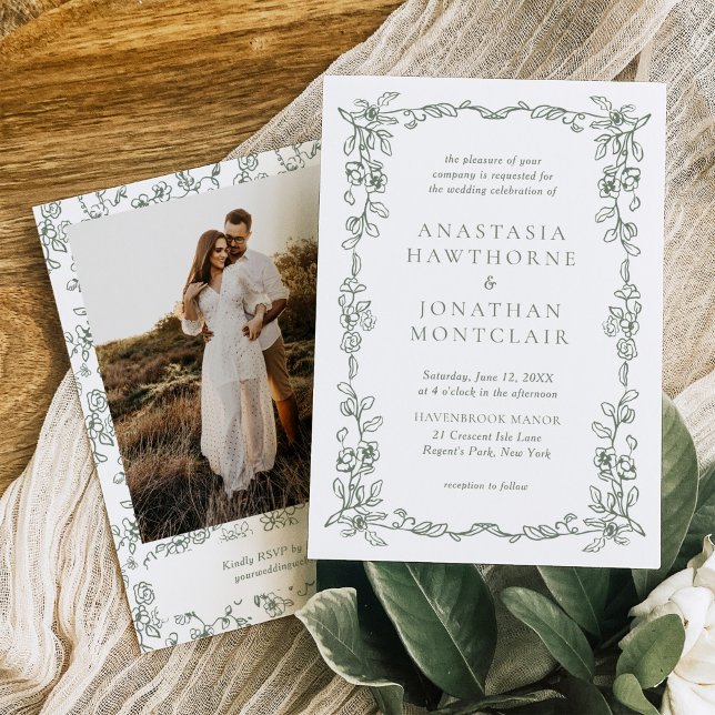 Elegant Sage Green Photo Victorian Wedding Invitation (Creator Uploaded)