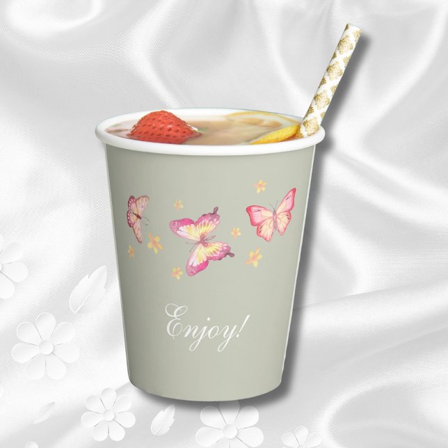 Elegant Sage Green Pink Butterfly Baby Shower Paper Cups (Creator Uploaded)