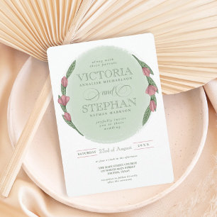 Elegant Sage Green Pink Floral Greenery Wedding Invitation